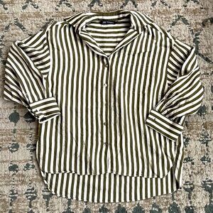 Striped Zara Blouse Women’s XS High Low Olive Green White Office Casual Stripes